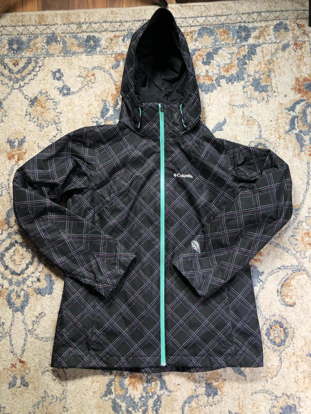 Columbia Interchange Ski Jacket Womens Large Black Plaid Hooded Full Zip Outdoor